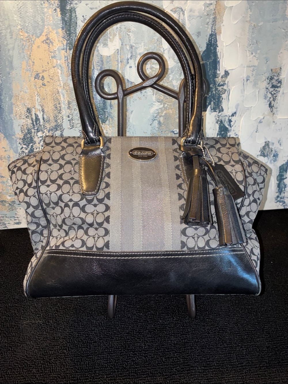 Genuine EUC Coach  Legacy Gray and Black Signature Stripe Satchel